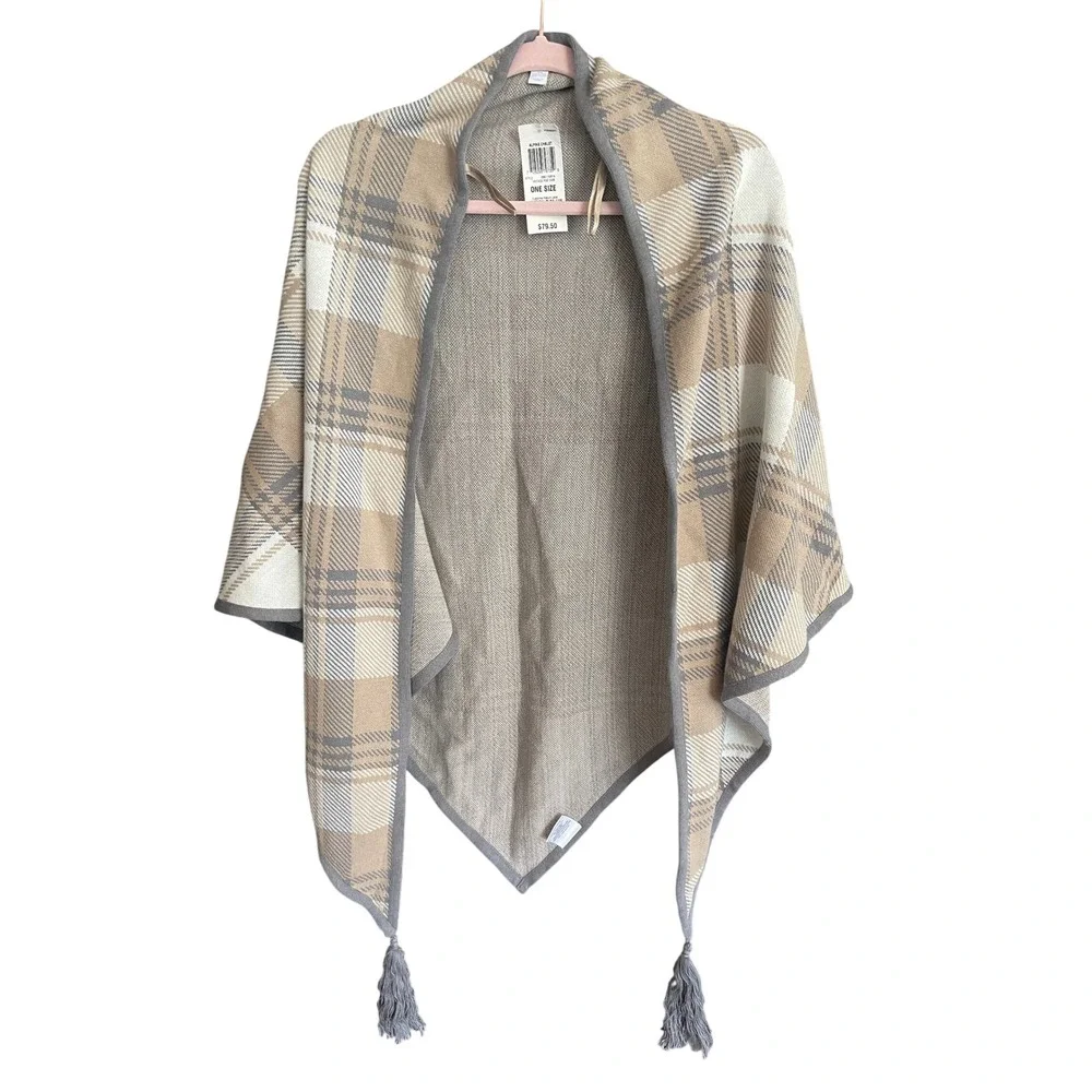 NWT Charter Club Alpine Chalet Plaid Wrap Scarf Tassel Tan Cream Grey One Size